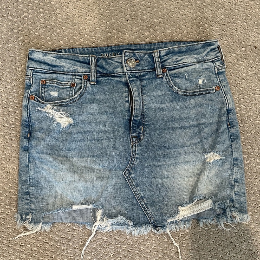 American Eagle Outfitters Distressed Light Blue Denim Mini Skirt